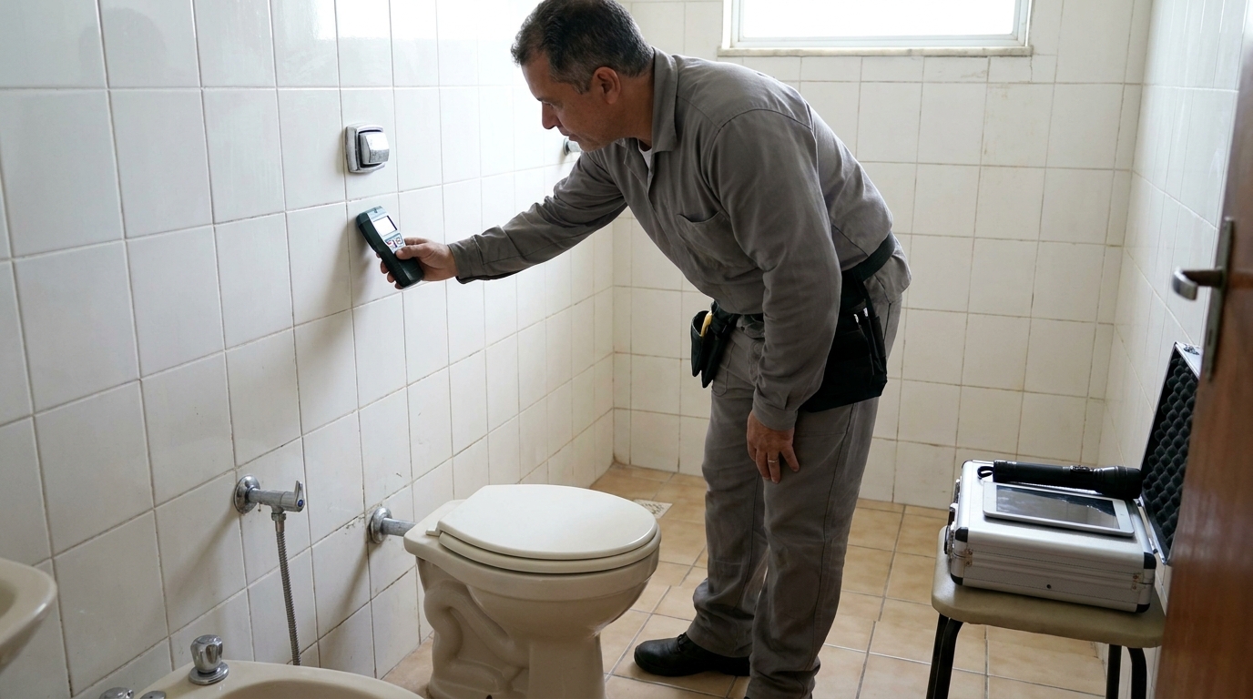 Técnico de caça vazamento analisando tubulação em Volta Redonda‑RJ